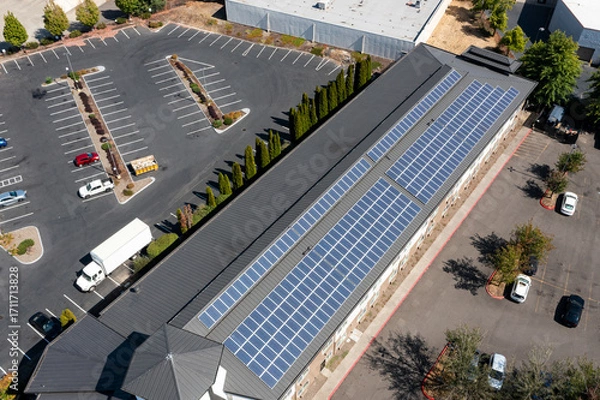 Fototapeta Modern hotel building in Portland, Oregon with rooftop solar panels captured in 4K aerial drone footage, highlighting renewable energy, green technology, clean power, sustainable architecture design