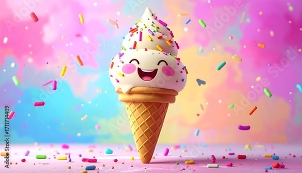 Fototapeta Cartoon ice cream cone with sprinkles and a happy face.  Colorful background