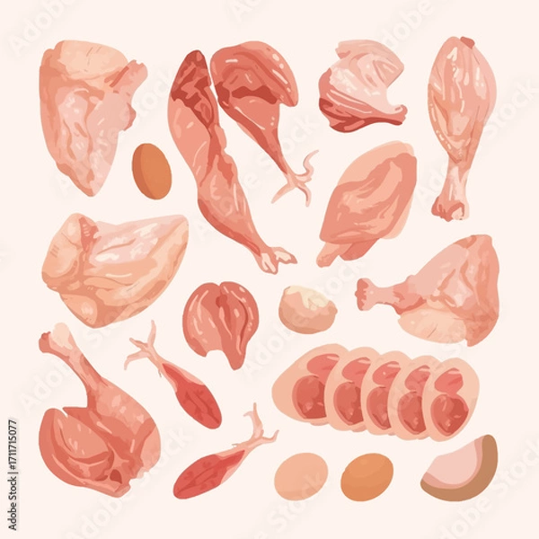 Fototapeta Raw chicken pieces and eggs on plain backdrop. Suitable for food blogs or recipes. Culinary concept image for various projects.