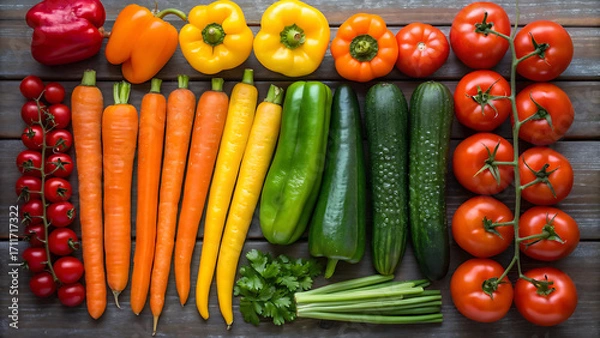 Fototapeta Colorful Assortment of Fresh Vegetables on Rustic Wooden Surface