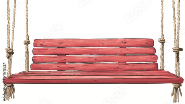 Fototapeta A digital illustration of a red wooden swing bench hanging from thick ropes. The swing has a simple design with horizontal wooden slats forming the seat and back. The ropes are tied with knots at