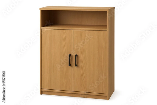 Fototapeta Modern wooden cabinet with shelf and two doors on transparent background
