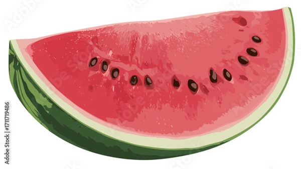 Fototapeta Close-up shot of a single slice of watermelon against a white background. The slice is oriented with the rind at the bottom and shows the red flesh with visible black seeds. 