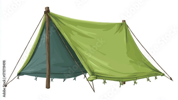 Fototapeta An illustration of a simple A-frame camping tent. The tent is primarily lime green with a dark green back panel. It has a single central wooden support pole. The tent is shown against a plain white