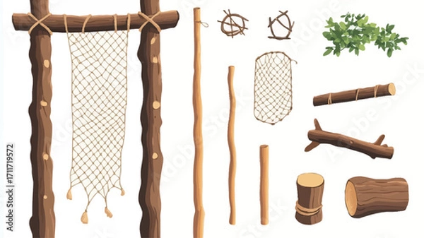 Fototapeta The image shows a digital illustration of various wooden sticks, branches, and nets on a white background. The elements are presented individually and collectively, featuring different sizes