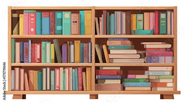 Fototapeta The image shows a full shot of a light brown wooden bookcase with four shelves. Each shelf is filled with various colorful books of different sizes and thicknesses.  Some books are standing