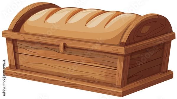 Fototapeta A digital illustration depicting a loaf of bread sitting inside a wooden chest. The chest is brown with a curved top and simple design.  The bread is light brown with visible scoring lines,
