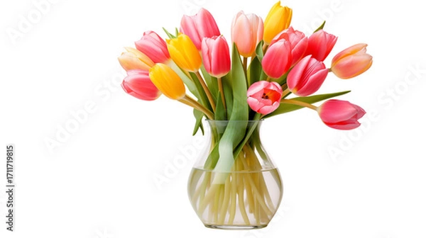 Obraz A clear glass vase filled with a colorful bouquet of tulips against a black background in a studio shot