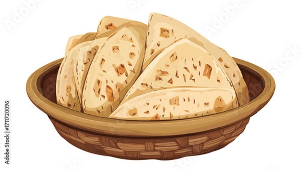 Fototapeta A digital illustration depicting several pieces of light golden-brown flatbread arranged in a rustic, brown wicker basket. The flatbread has a slightly textured surface with visible small specks or