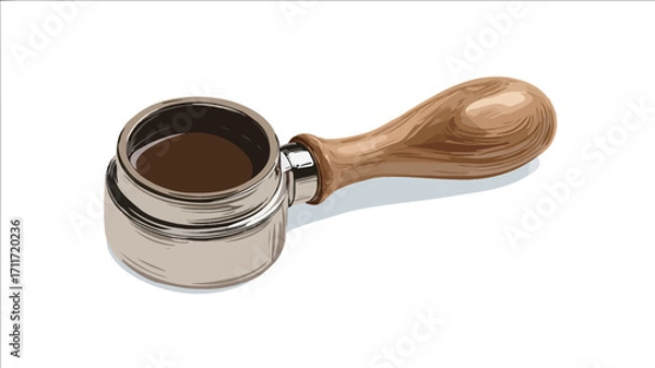 Fototapeta Close-up studio shot of an espresso portafilter filled with dark brown espresso. The portafilter is made of metal with a wooden handle.  The background is pure white, providing high contrast to the