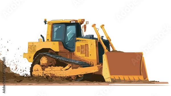 Fototapeta A digital illustration of a yellow bulldozer in motion. The bulldozer is shown from a three-quarter view, its blade pushing dirt or soil.  Dust and dirt are visible behind the vehicle