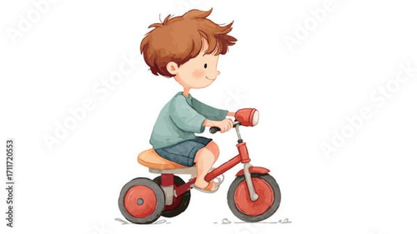 Fototapeta Digital illustration of a young boy with short brown hair riding a red tricycle. The boy is depicted from the side, smiling and looking to his right. He is wearing a light teal long-sleeved shirt