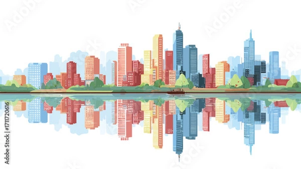 Fototapeta A stylized illustration depicting a colorful cityscape reflected in a body of water. The skyline consists of various heights and colors of buildings, rendered in a simplified, almost cartoonish