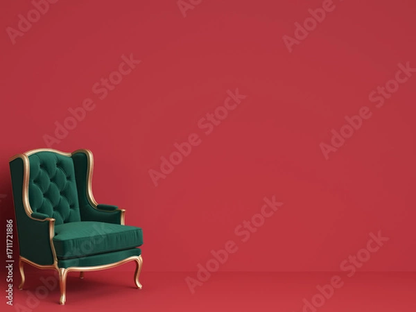 Fototapeta Classic chair in emerald green and gold on red background with copy space