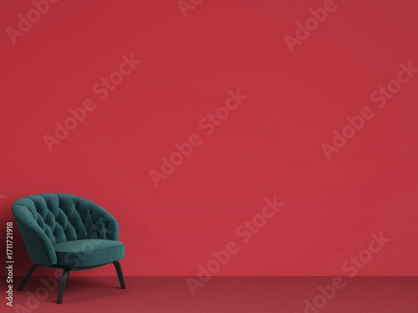 Fototapeta Classic tufted chair in emerald green on red background with copy space