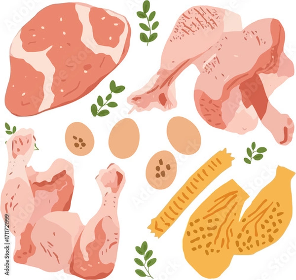Fototapeta Raw animal products like meat, chicken, and eggs suitable for food blogs, restaurant menus, farm advertisements, and cooking websites.