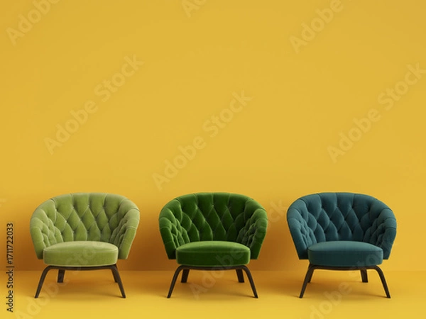 Fototapeta 3 Classic tufted chairs in different green colors on yellow background with copy space