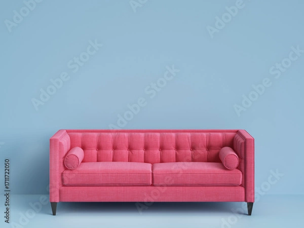 Fototapeta Classic tufted sofa pink color on blue background with copy space