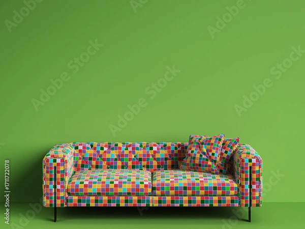 Fototapeta Classic tufted sofa in multicolor patches fabric on green background with copy space.Pop art style
