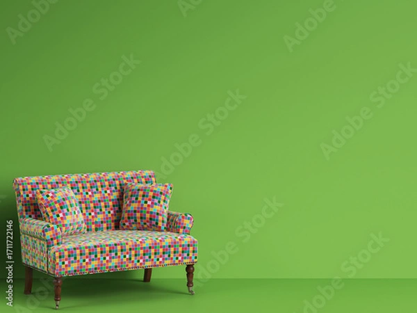 Fototapeta Classic sofa in multicolor patches fabric on green background with copy space