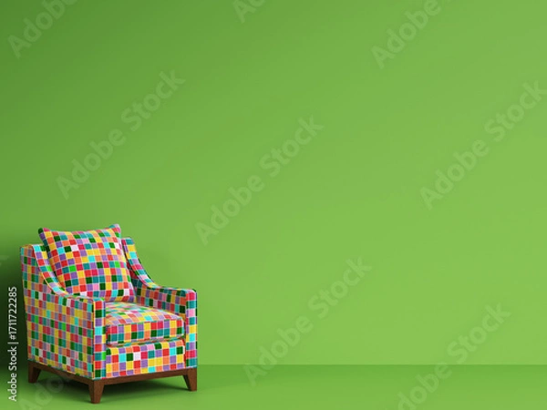 Fototapeta Classic chair in multicolor patches fabric on green background with copy space