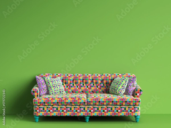 Fototapeta Classic tufted sofa in multicolor patches fabric on green background with copy space