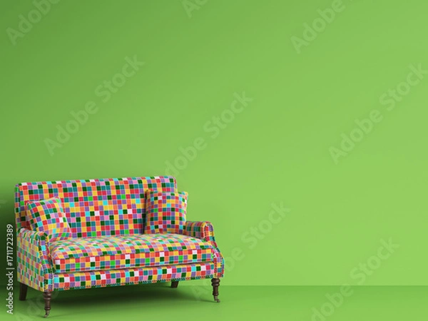 Fototapeta Classic sofa in multicolor patches fabric on green background with copy space