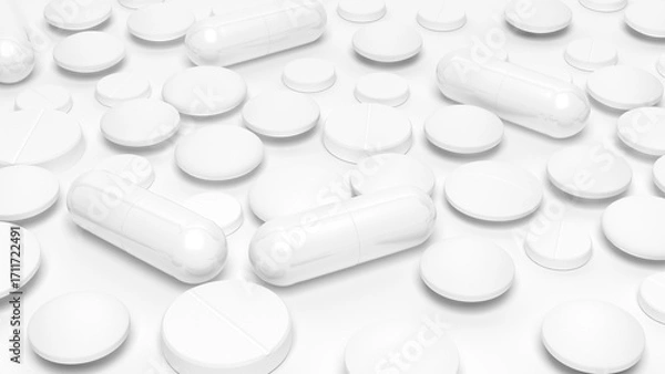 Fototapeta White capsules and tablets isolated on white background. Pills. 3d illustration.