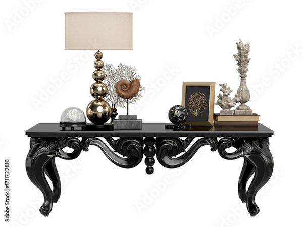 Fototapeta Classic carved table with decor:lamp,coral,frames,books isolated on white background