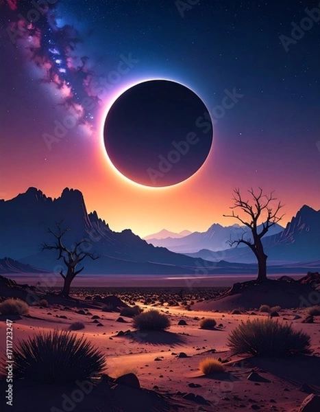 Obraz A dramatic solar eclipse over a desert landscape