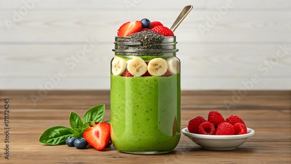 Fototapeta Healthy Green Smoothie in Mason Jar Topped with Fresh Fruits and Chia Seeds