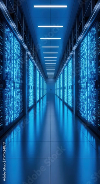 Fototapeta Futuristic data center interior with rows of glowing blue server racks in high tech secure network environment