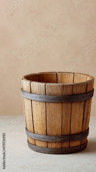 Fototapeta A rustic wooden pail evokes a vintage maple sap collection, reminiscent of quirky Wassailing traditions and harvest festivals