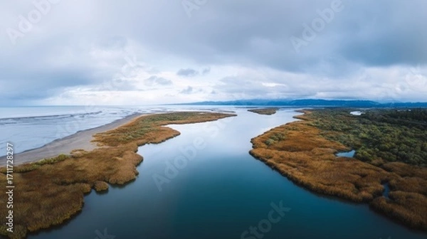 Fototapeta Serene azure estuary meanders between golden marshes, invoking Wetlands Day reflections, ecological whispers, and misty autumnal equinox musings