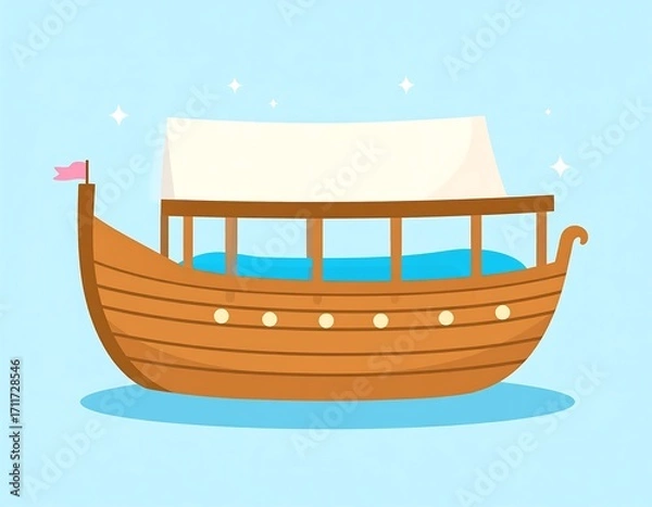 Fototapeta Cartoon wooden boat with white sail