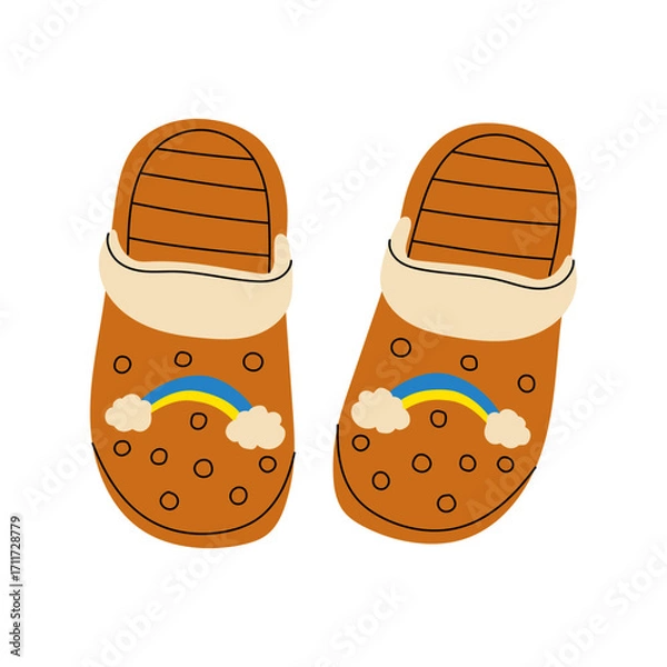 Fototapeta Women's and kids colorful unisex summer crocs and flip flops in hand drawn style Fashion rubber footwear with funny charms, custom accessories. Flat vector illustrations isolated on white background