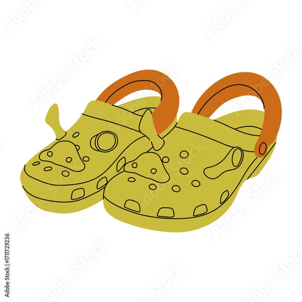 Fototapeta Women's and kids colorful unisex summer crocs and flip flops in hand drawn style Fashion rubber footwear with funny charms, custom accessories. Flat vector illustrations isolated on white background