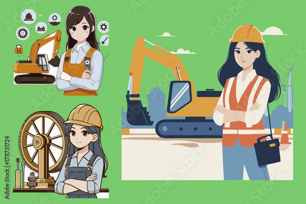 Fototapeta This is an illustration of a female project worker suitable for use in heavy equipment company designs, projects, contractors, engineers, banners, posters, advertisements, presentations