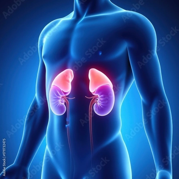Fototapeta Human torso with highlighted adrenal glands showing cortisol production area, glowing anatomical concept for stress and hormonal function, Selective Focus