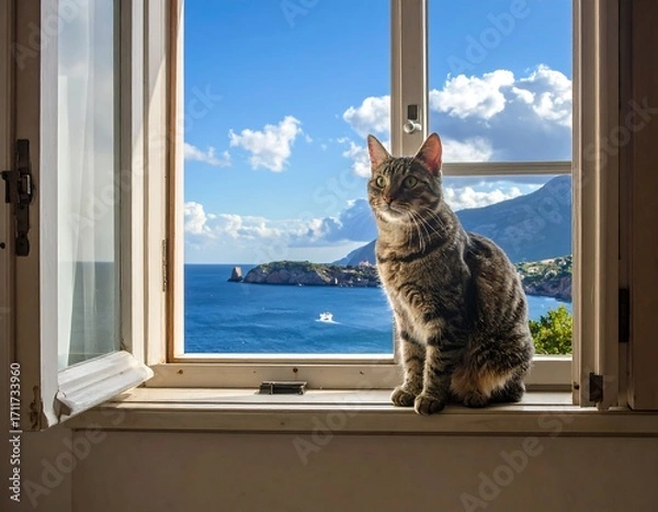 Fototapeta Cat at window, ocean view