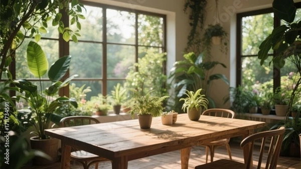 Fototapeta Sunlit indoor dining area with wooden table, potted plants, and large windows overlooking greenery