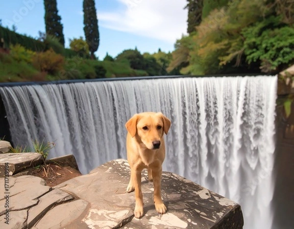 Obraz Dog by a waterfall
