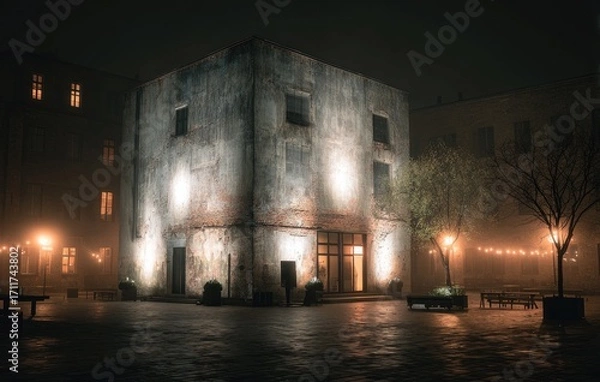 Obraz Misty night, square, lit building