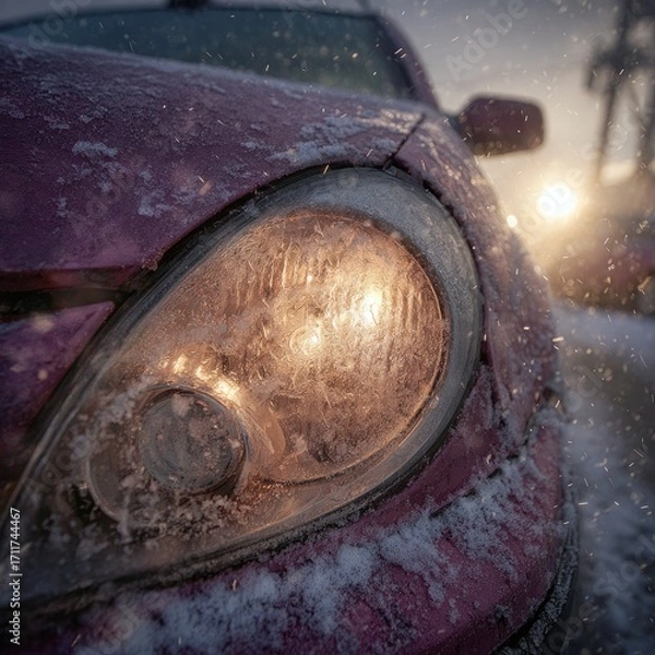 Obraz Frozen headlight of a pink car in winter