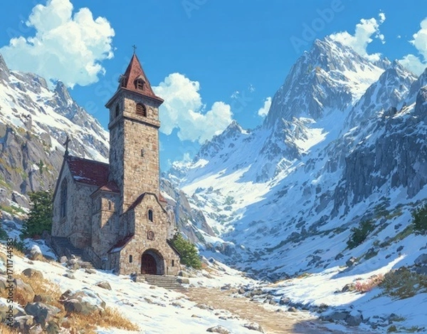 Obraz Alpine church nestled in snowy mountain pass