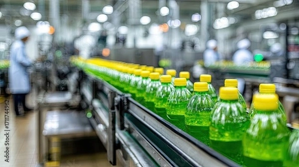 Fototapeta Bottles moving on factory conveyor