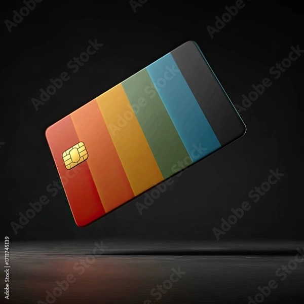 Fototapeta Colorful credit card floats in dark studio