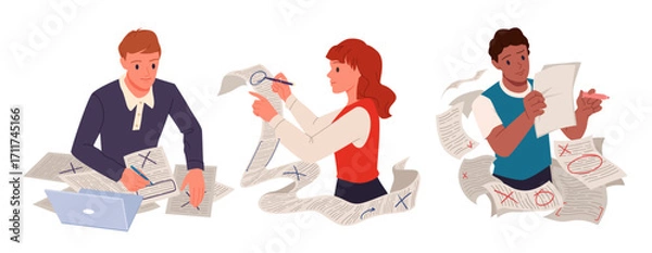 Fototapeta man woman sitting at table with laptop and pile of paper sheets with text, holding pen to correct mistakes cartoon. Document review and grammar error check by editor, teacher