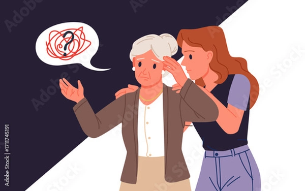 Fototapeta Help and support for older people with dementia. Girl volunteer or nurse hugging elderly woman with care, sad grandmother patient with memory loss and headache troubles cartoon vector illustration