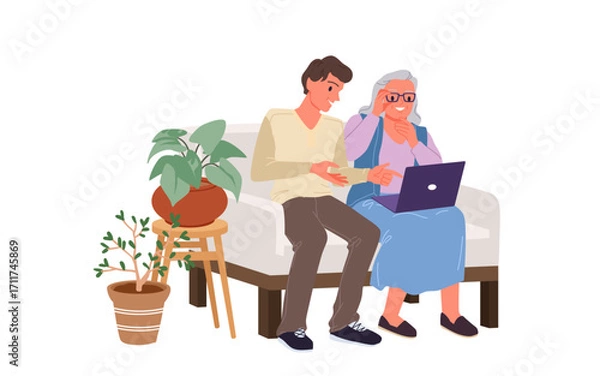Fototapeta Support, help and care from young man to elderly woman, training on how to use laptop and Internet. Boy pointing at screen to teach grandmother, sitting on sofa together cartoon vector illustration